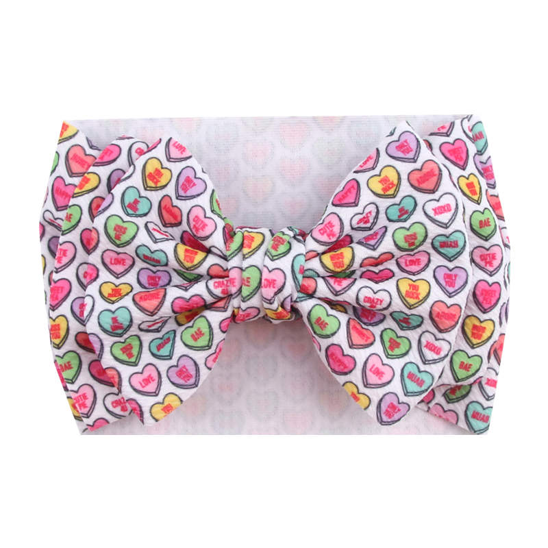 VALENTINES DAY CANDY HEARTS PRINT ELASTIC STRETCH NYLON FABRIC INFANT OR TODDLER BOW HEADBANDS - Lil Monkey Boutique