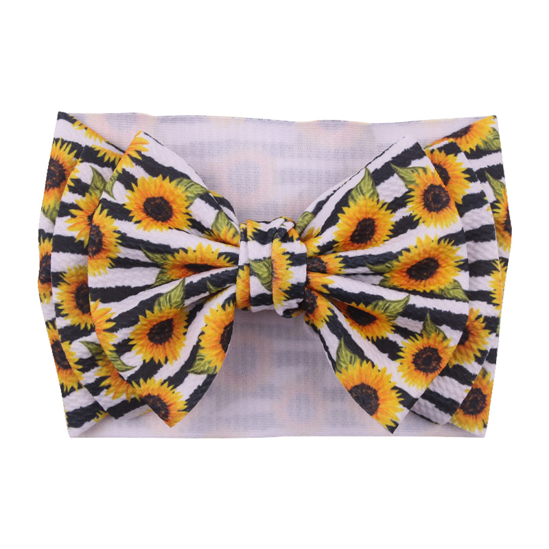 SUNFLOWER AND STRIPES PRINT ELASTIC STRETCH NYLON FABRIC INFANT OR TODDLER BOW HEADBANDS - Lil Monkey Boutique