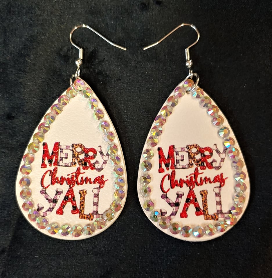 MERRY CHRISTMAS Y'ALL FAUX LEATHER TEARDROP EARRINGS WITH RHINESTONES (PRINT ON BOTH SIDES) - Lil Monkey Boutique