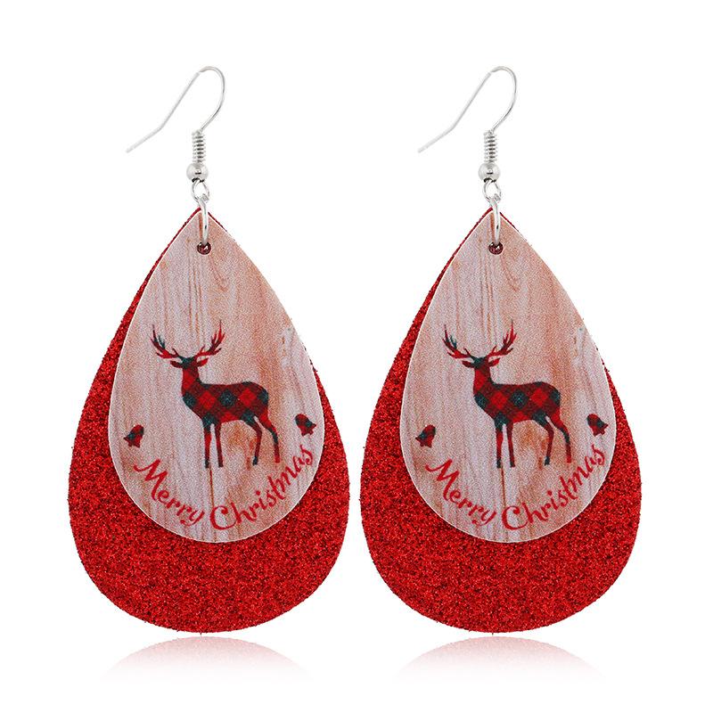 Christmas Reindeer Double Layer Leather Earrings Dangle Drop Earrings with Glitter - Lil Monkey Boutique