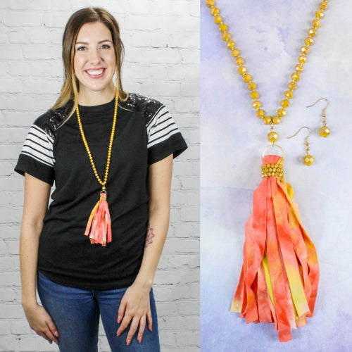 GOLD AND PINK TIE DYE TASSEL NECKLACE SET - Lil Monkey Boutique