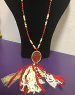 LONG BEADED TASSEL NECKLACE WITH ROUND GLITTER CONCHO - Lil Monkey Boutique