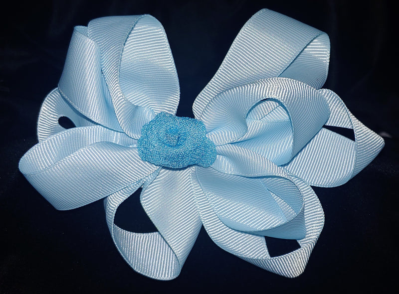 BABY BLUE BOW WITH ROSE CENTER BOW (ROUGHLY 5") - Lil Monkey Boutique