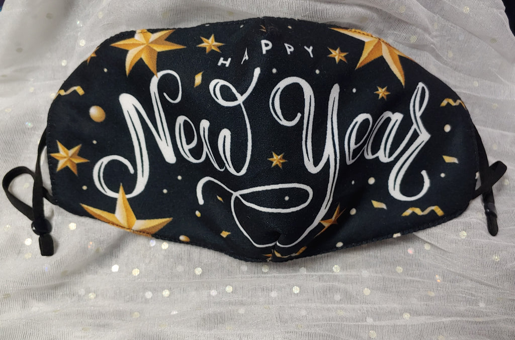 HAPPY NEW YEARS CLOTH MASK WITH POCKET FOR FILTER & ADJUSTABLE STRAPS - Lil Monkey Boutique