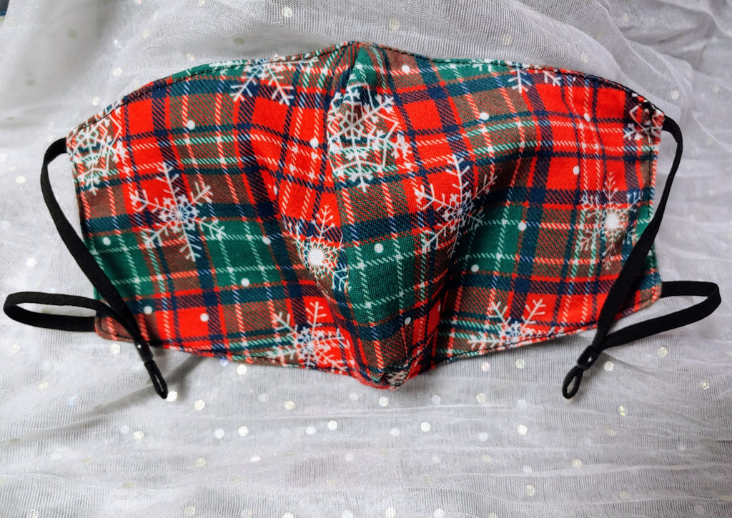 PLAID SNOWFLAKE PRINT CLOTH MASK WITH ADJUSTABLE STRAPS & POCKET FOR FILTER - Lil Monkey Boutique