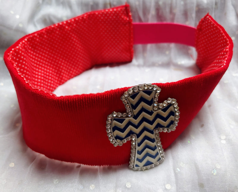 RED CORDUROY HEADBAND WITH BLING CHEVRON CROSS - Lil Monkey Boutique