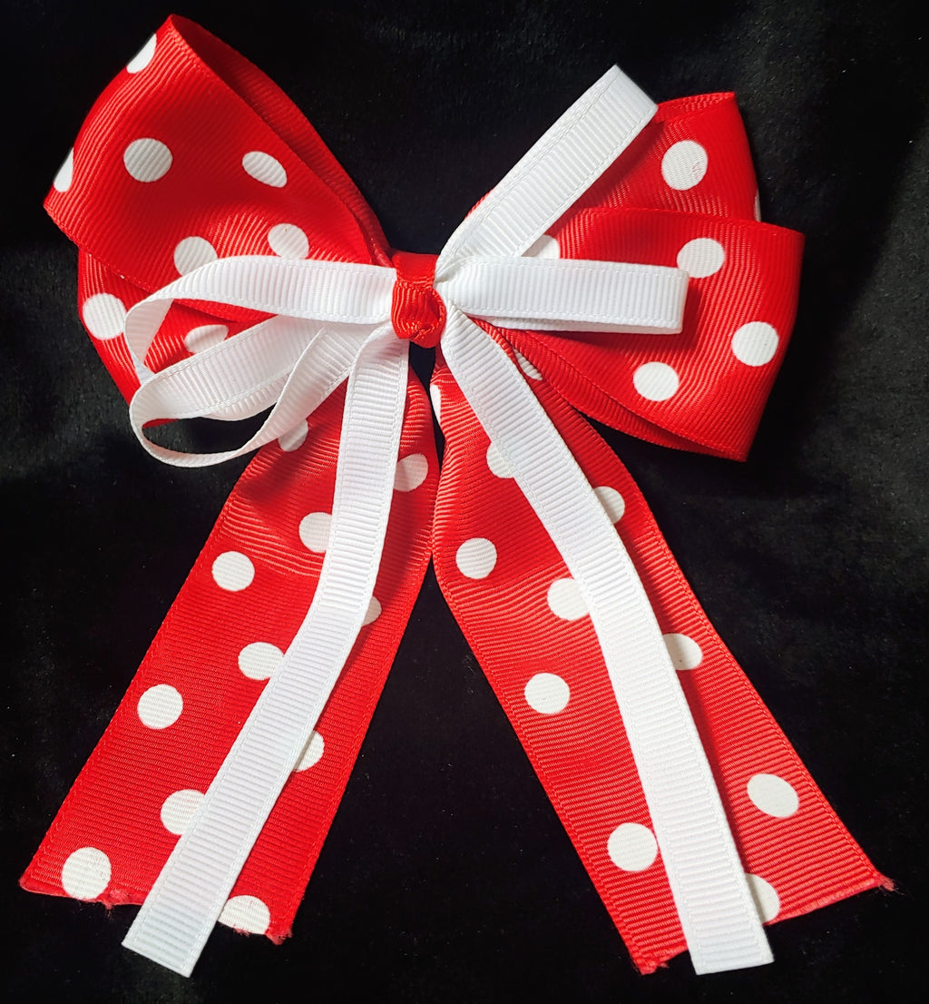 RED AND WHITE POLKA DOT BOW WITH TAILS (ROUGHLY 5") - Lil Monkey Boutique