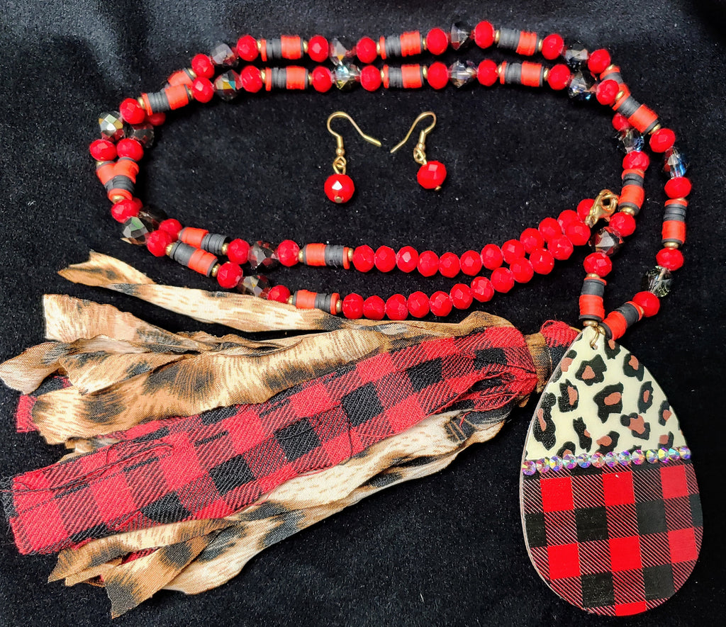 BEADED RED BUFFALO PLAID AND LEOPARD TASSEL NECKLACE SET - Lil Monkey Boutique