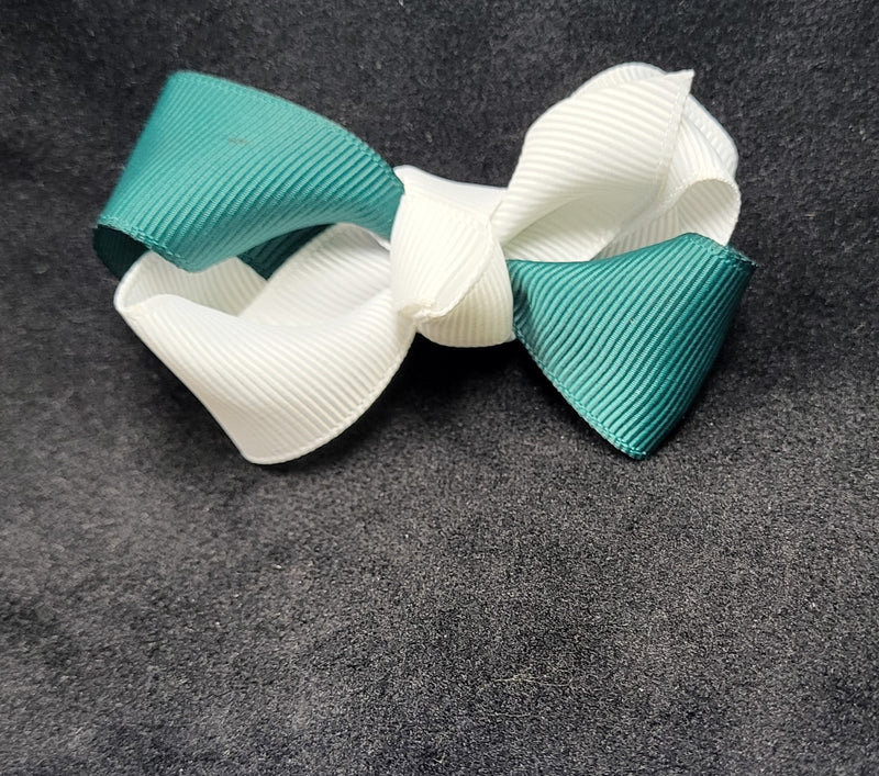 TWO TONE HUNTER GREEN AND WHITE BOW ( 2 1/2" ROUGHLY) - Lil Monkey Boutique