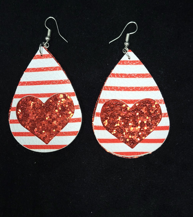 Double Layer Stripe with Heart Cut Out Leather Earrings with Glitter - Lil Monkey Boutique
