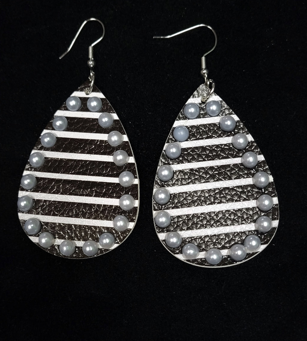 DOUBLE SIDED STRIPE FAUX LEATHER TEARDROP EARRINGS WITH PEARLS (PRINT ON BOTH SIDES) - Lil Monkey Boutique
