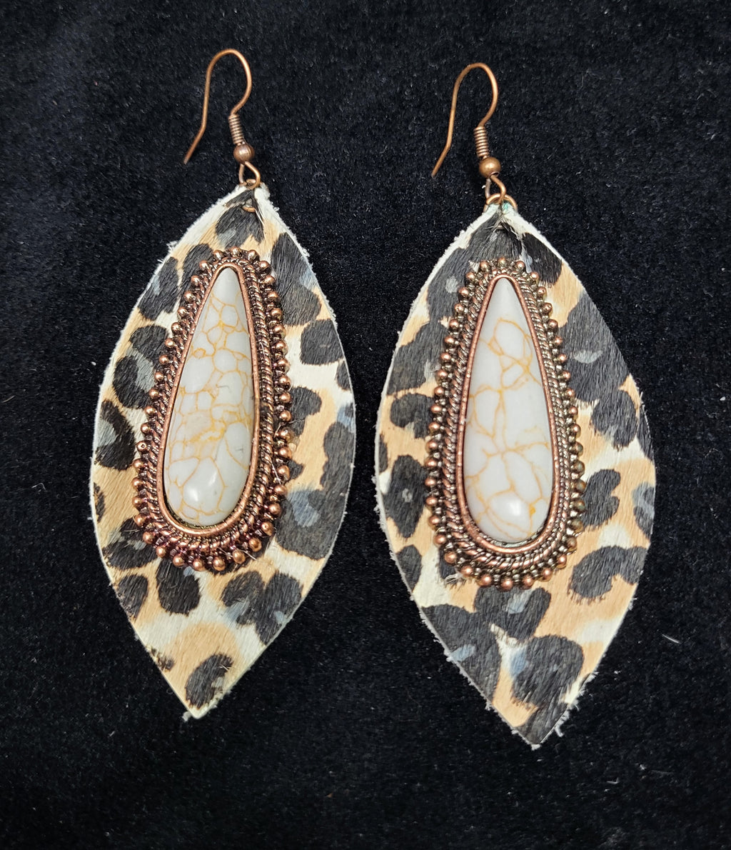 LEOPARD HIDE WITH IVORY CONCHO EARRINGS - Lil Monkey Boutique