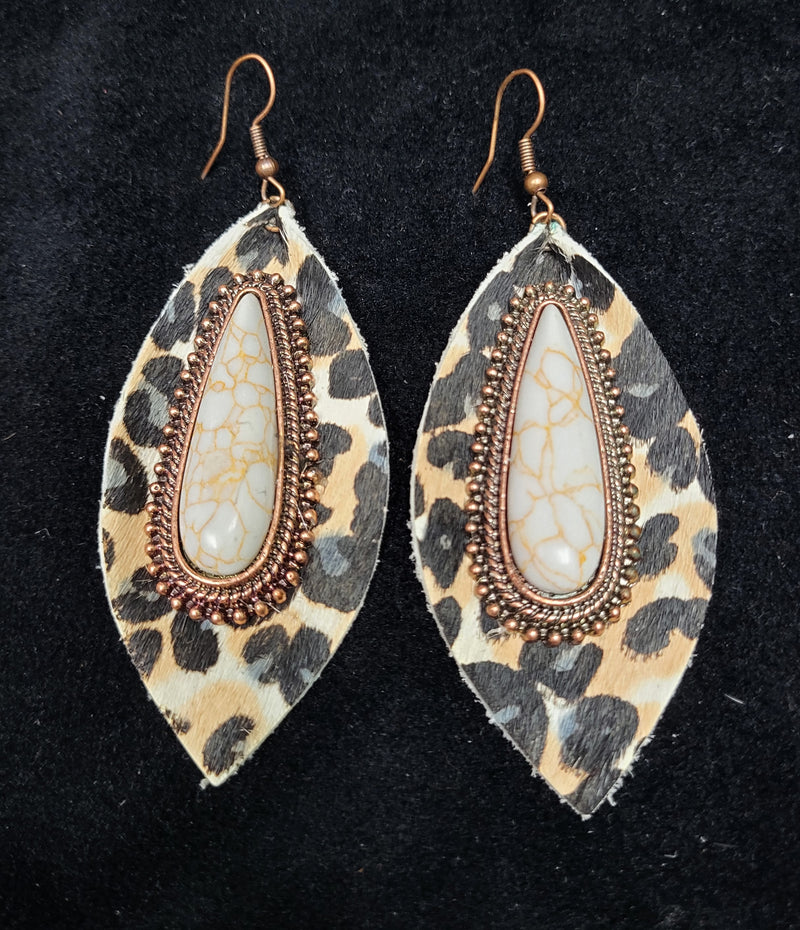 LEOPARD HIDE WITH IVORY CONCHO EARRINGS - Lil Monkey Boutique