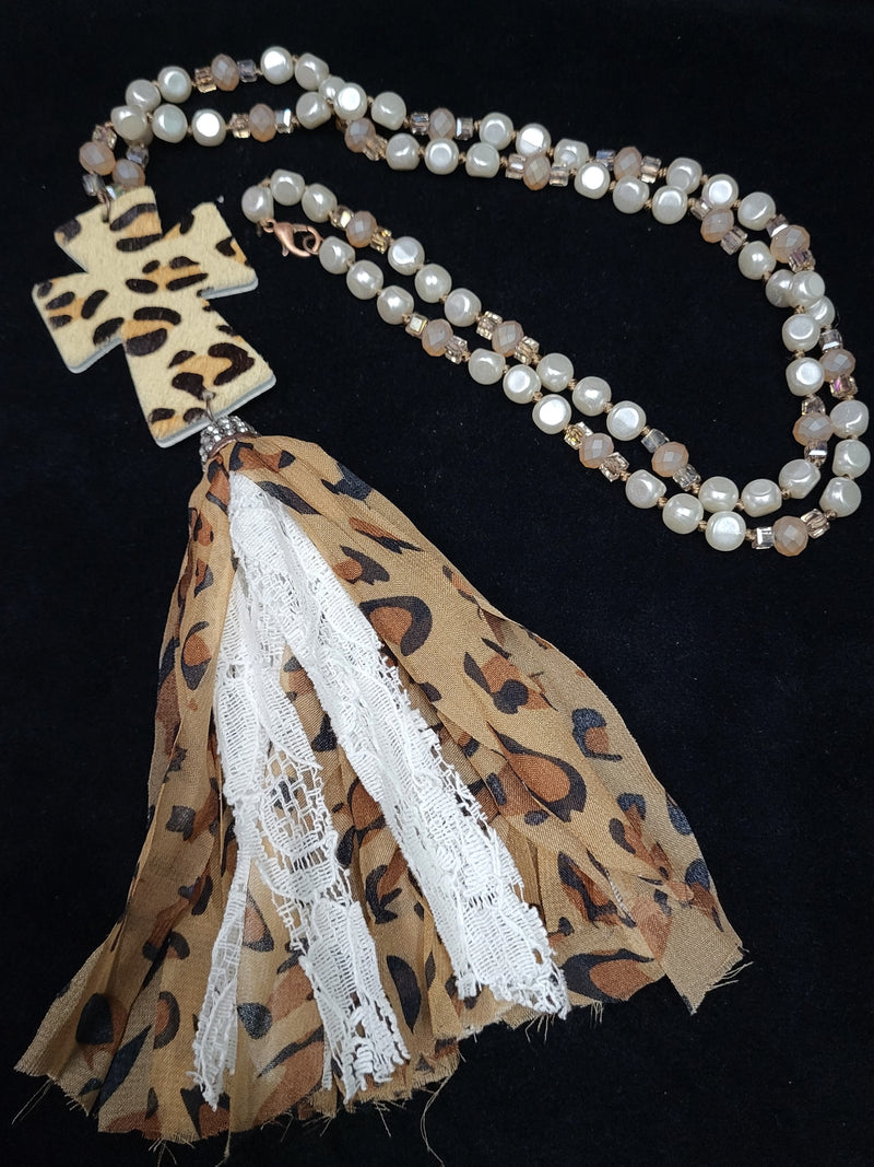BEADED NECKLACE WITH CROSS HIDE LEOPARD & TASSEL NECKLACE - Lil Monkey Boutique