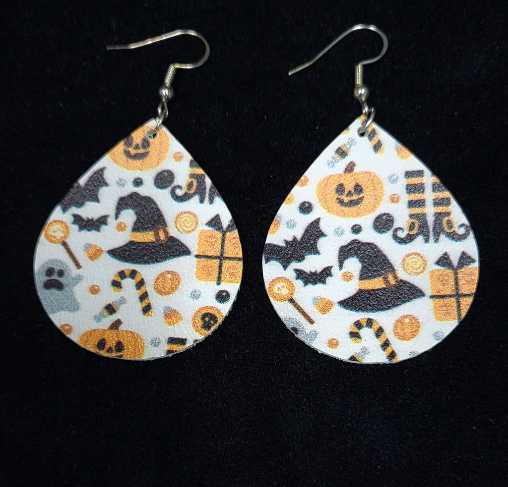 HALLOWEEN THEME PRINT SMALL LIGHTWEIGHT FAUX LEATHER EARRINGS - Lil Monkey Boutique