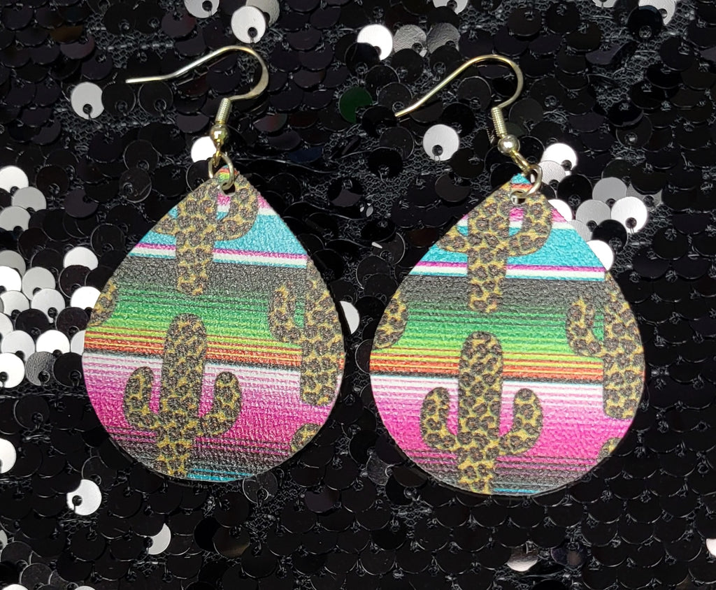 CACTUS SERAPE PRINT SMALL LIGHTWEIGHT FAUX LEATHER EARRINGS - Lil Monkey Boutique