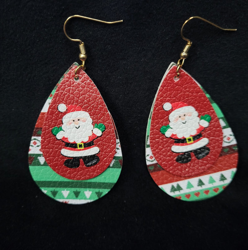 2 Layer Christmas Pattern & Santa Claus Leather Teardrop Earring - Lil Monkey Boutique