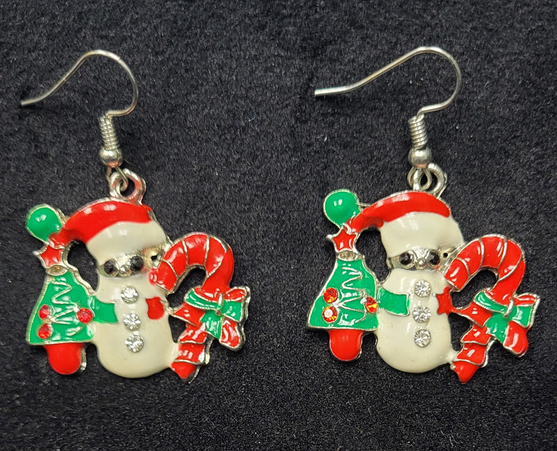 Christmas Setting of Snowman by Tree with Candy Cane Earrings - Lil Monkey Boutique