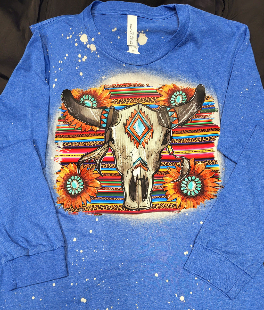 CUSTOM SERAPE AND LEOPARD COW SKULL BLEACHED LONG SLEEVE SHIRT - Lil Monkey Boutique