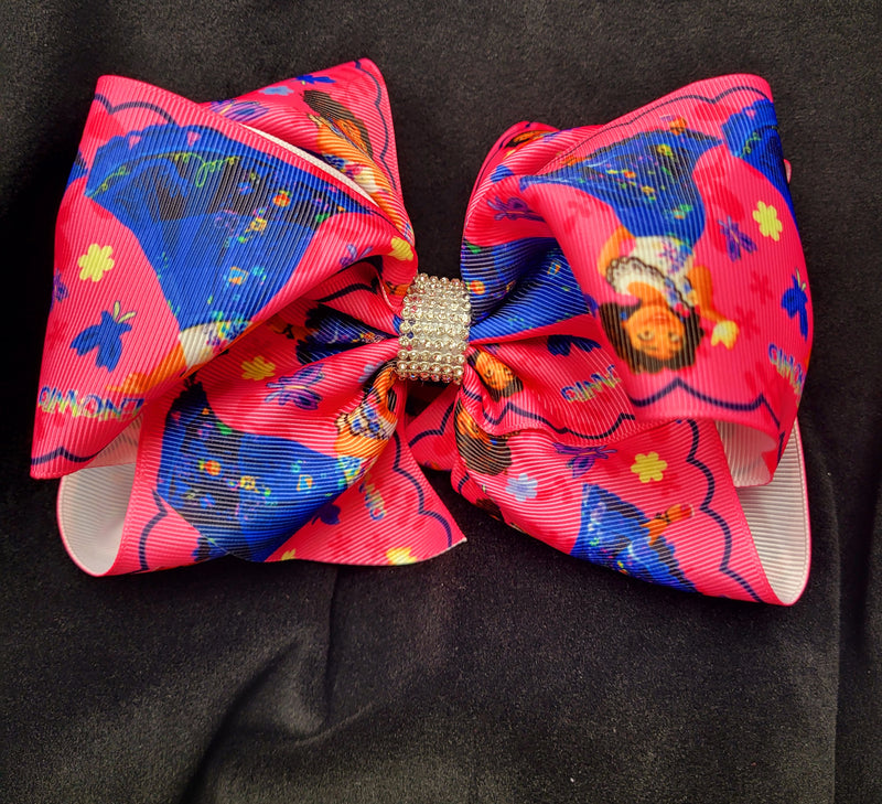 ENCANTO PRINT DOUBLE LAYER BOW WITH RHINESTONE CENTER (roughly 8”) - Lil Monkey Boutique