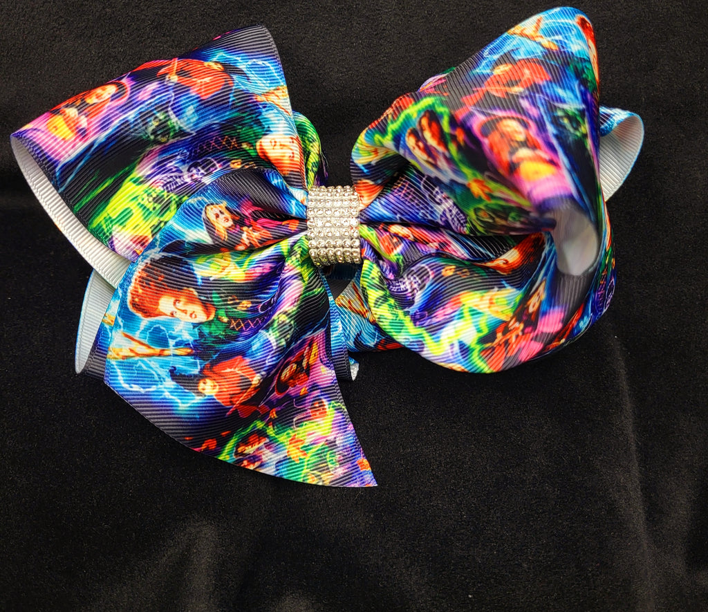 MULTICOLOR HALLOWEEN SANDERSON SISTERS PRINT DOUBLE LAYER BOW WITH RHINESTONE CENTER (roughly 8”) - Lil Monkey Boutique