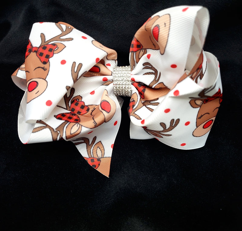 REINDEER WITH RED BUFFALO PLAID BOW PRINT DOUBLE LAYER BOW WITH RHINESTONE CENTER (roughly 8”) - Lil Monkey Boutique