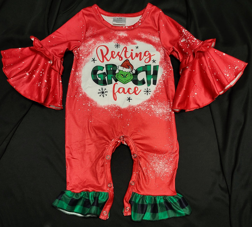 RESTING FACE CHRISTMAS ROMPER WITH RUFFLED ACCENTS - Lil Monkey Boutique