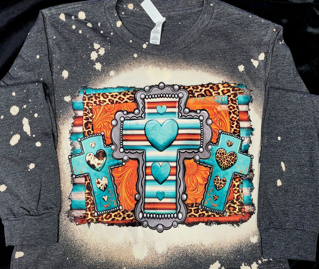 CUSTOM TURQUOISE SERAPE AND LEOPARD CROSSES BLEACHED LONG SLEEVE SHIRT - Lil Monkey Boutique