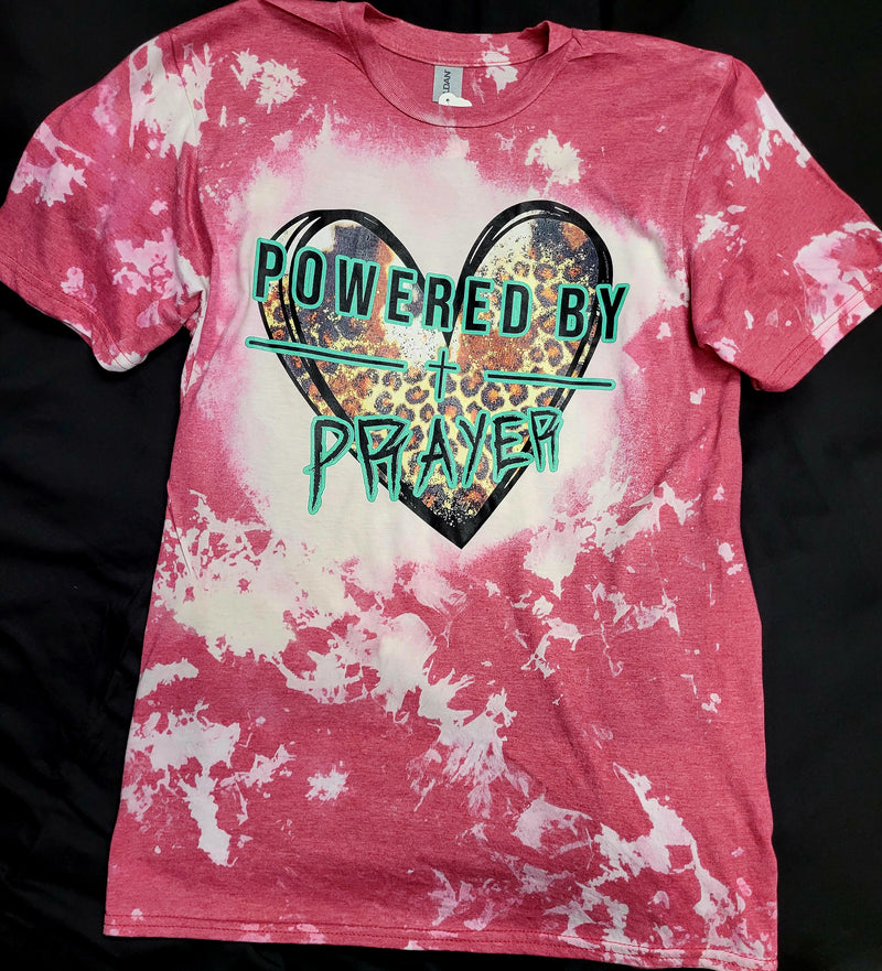 CUSTOM LEOPARD POWERED BY PRAYER ON PINK BLEACHED SHORT SLEEVE SHIRT - Lil Monkey Boutique
