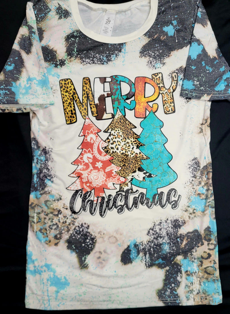CUSTOM THREE TREES MERRY CHRISTMAS ON BLEACHED SHORT SLEEVE SHIRT - Lil Monkey Boutique