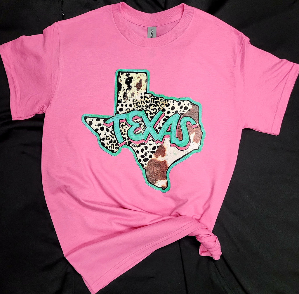 Custom State of Texas Outlined in Turquoise and Pink With Animal Print Shirt - Lil Monkey Boutique
