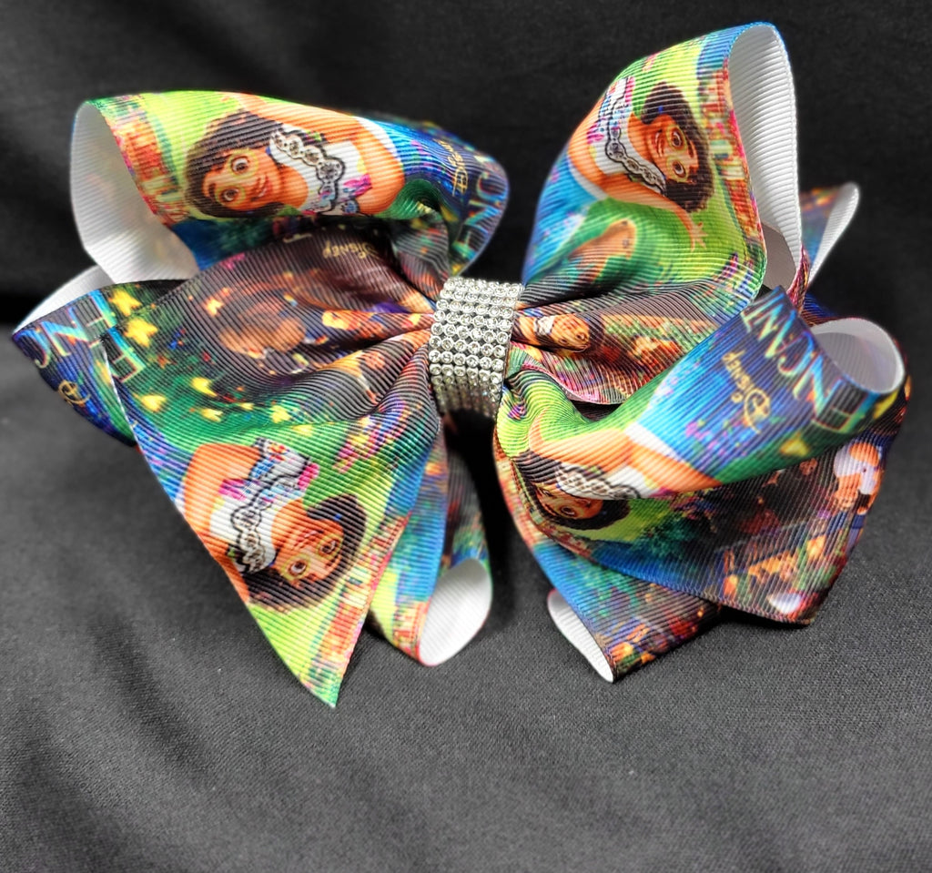 ENCANTO MIRABELL PRINT DOUBLE LAYER BOW WITH RHINESTONE CENTER (roughly 8”) - Lil Monkey Boutique
