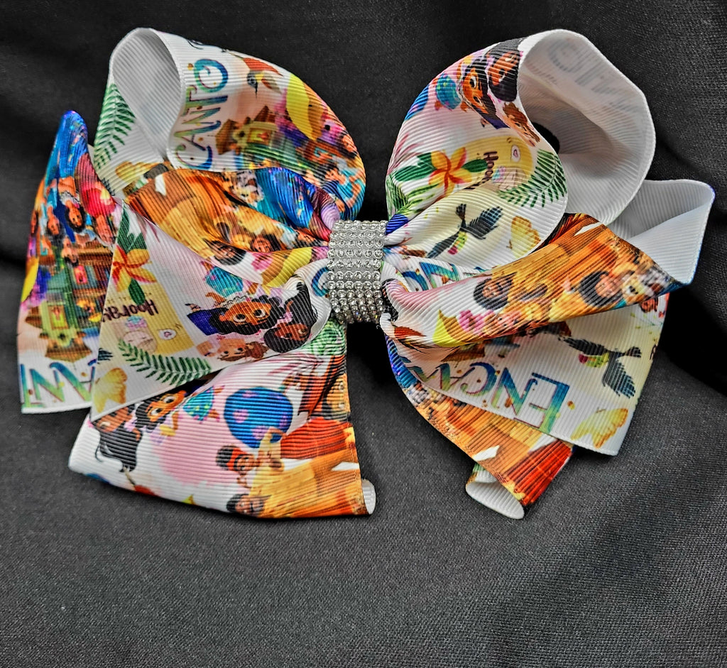 ENCANTO FAMILY PRINT DOUBLE LAYER BOW WITH RHINESTONE CENTER (roughly 8”) - Lil Monkey Boutique