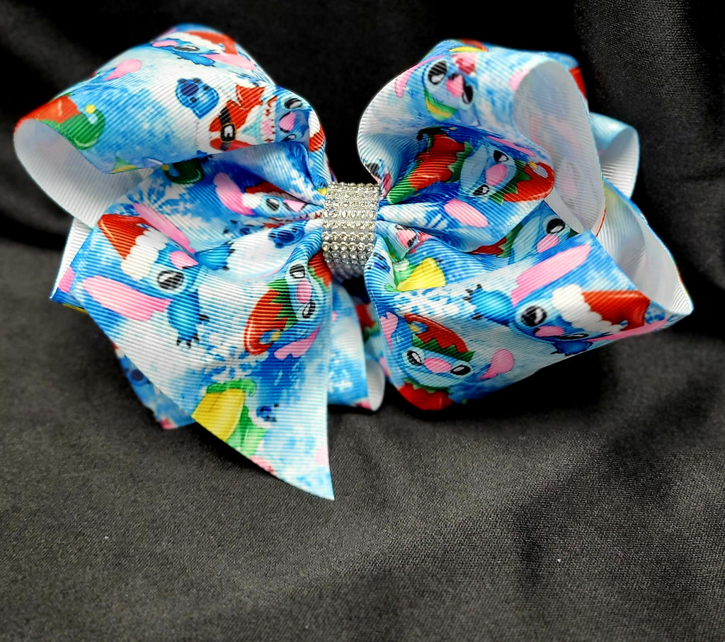 CHRISTMAS STITCH PRINT DOUBLE LAYER BOW WITH RHINESTONE CENTER (roughly 8”) - Lil Monkey Boutique