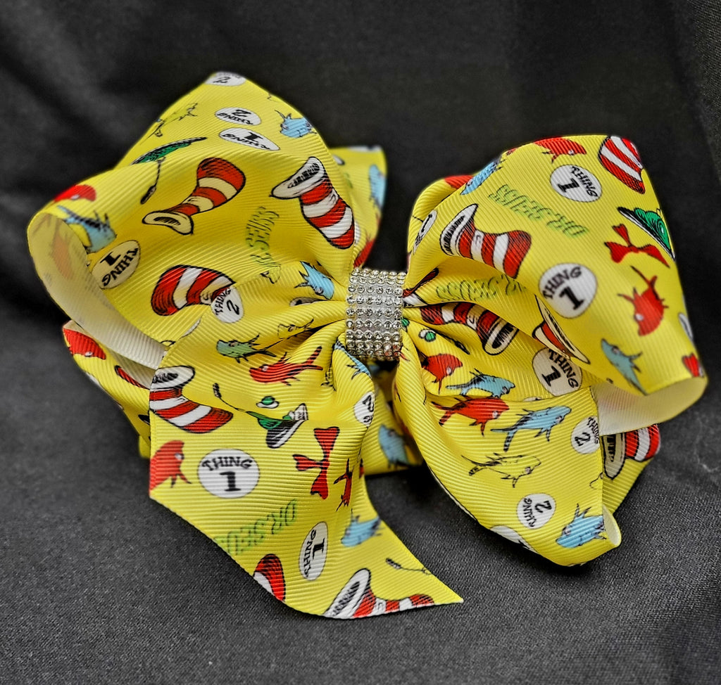 DR SEUSS MULTI CHARACTERS PRINT DOUBLE LAYER BOW WITH RHINESTONE CENTER (roughly 8”) - Lil Monkey Boutique