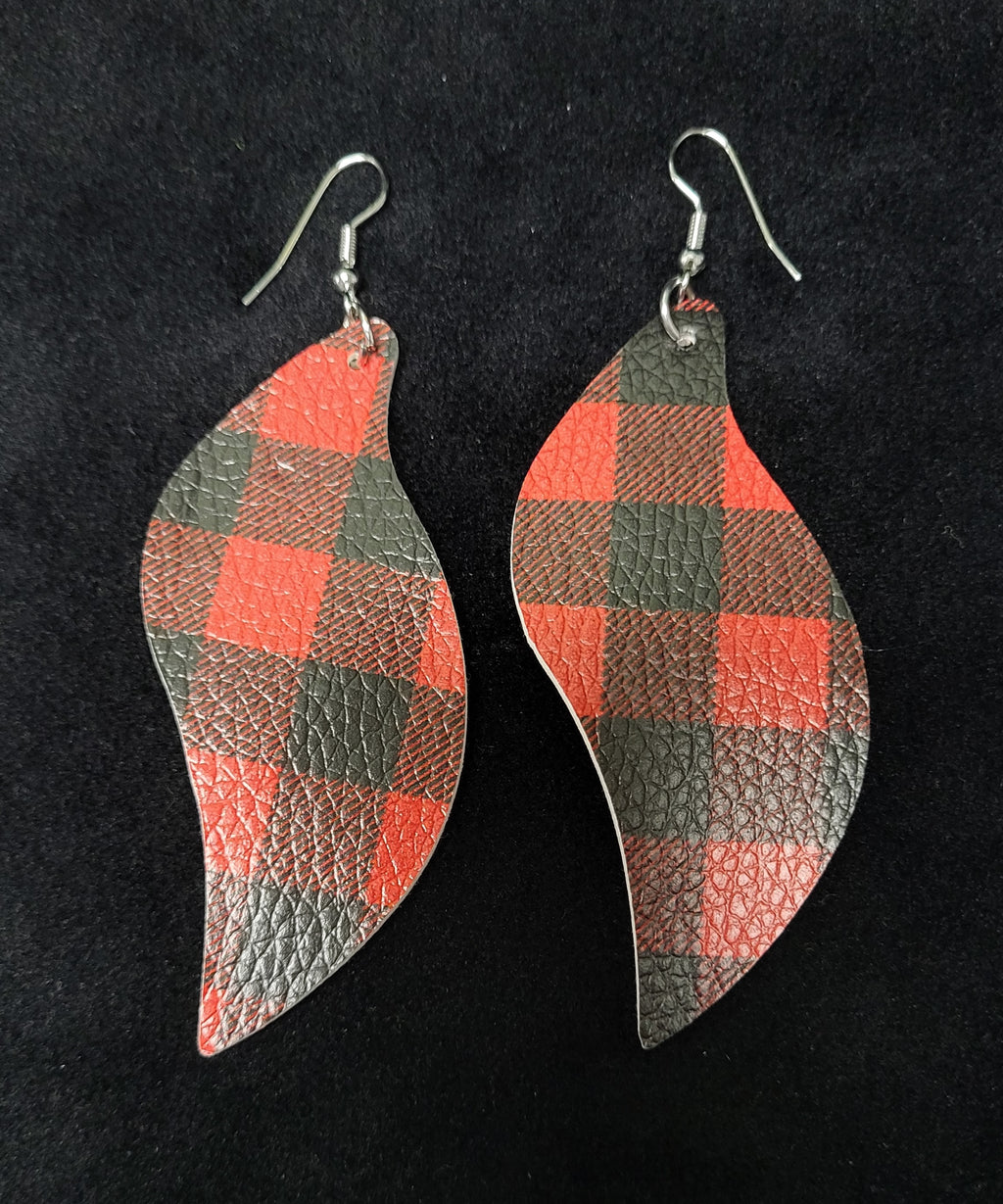LIGHTWEIGHT RED AND BLACK BUFFALO PLAID LEAF LEATHER EARRINGS - Lil Monkey Boutique