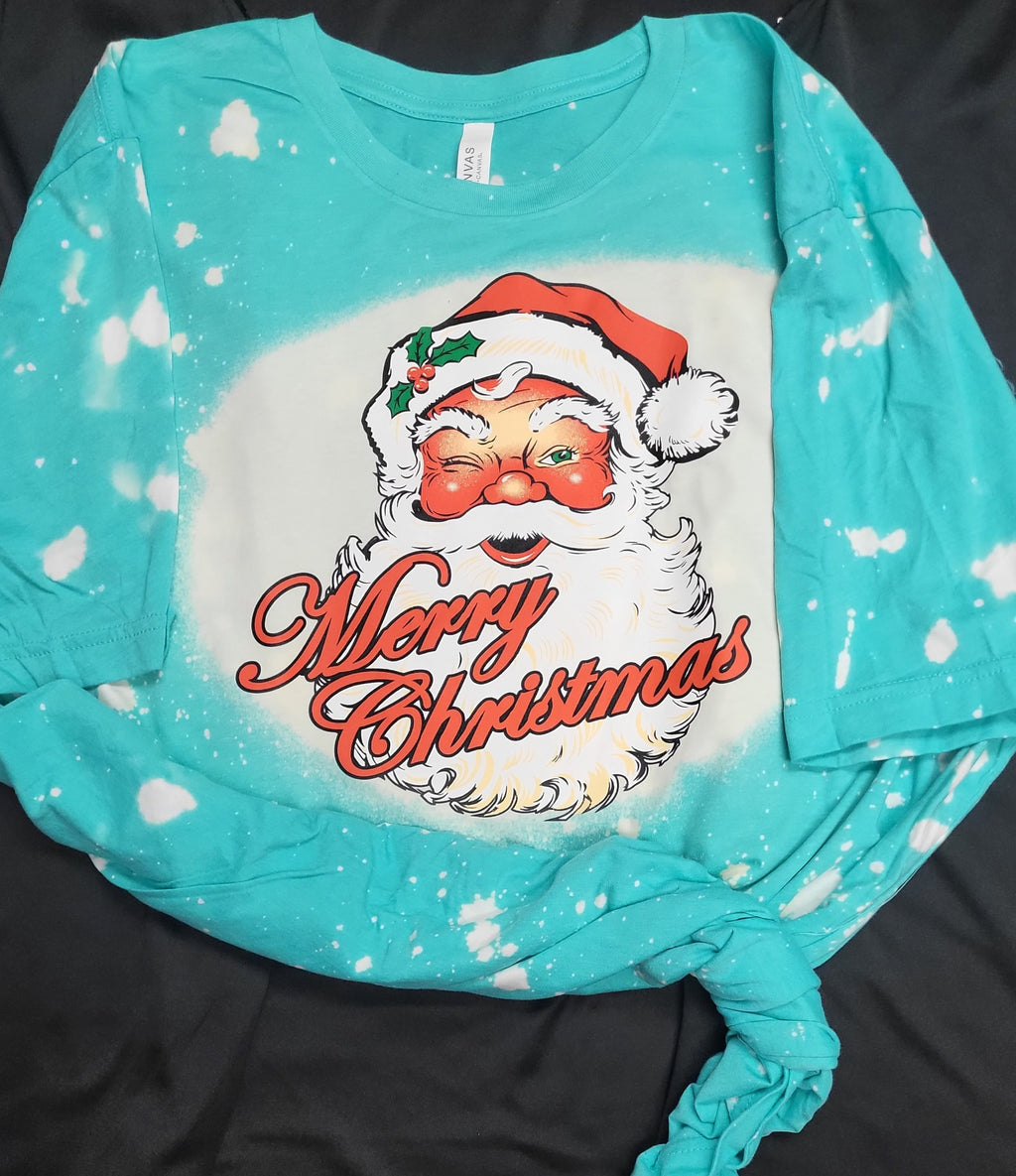 CUSTOM MERRY CHRISTMAS SANTA ON BLEACHED SEA FOAM SHIRT - Lil Monkey Boutique