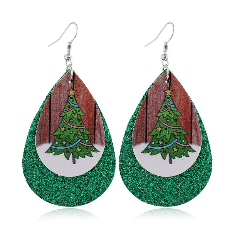 Christmas Tree Double Layer Leather Earrings Dangle Drop Earrings with Glitter - Lil Monkey Boutique