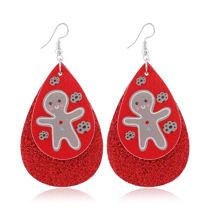 Christmas Gingerbread Man Double Layer Leather Earrings Dangle Drop Earrings with Glitter - Lil Monkey Boutique