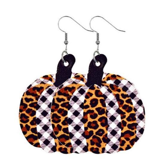Pumpkin Leopard White Buffalo Faux Leather Drop Dangle Fall Earrings - Lil Monkey Boutique
