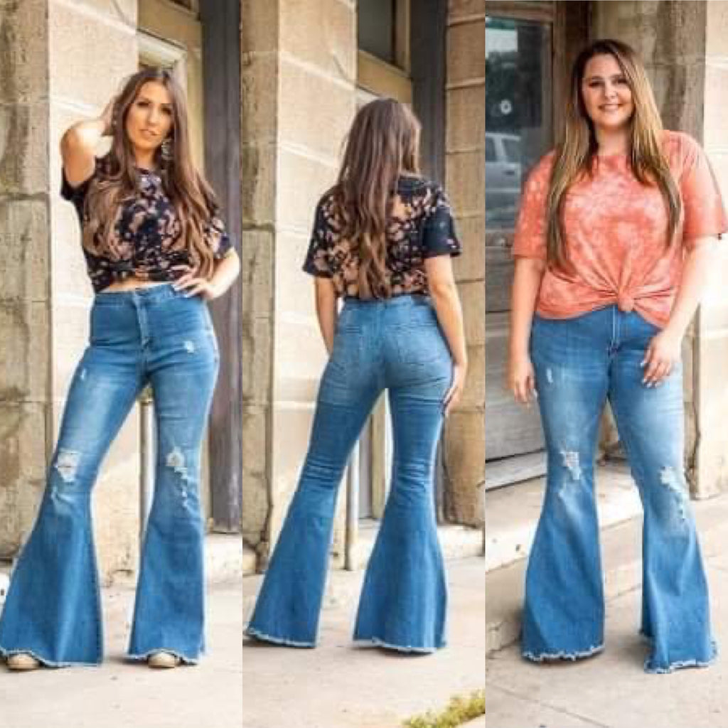 MID WASH EXTREME FLARE JEANS - Lil Monkey Boutique