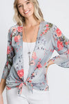 RUFFLED THREE QUARTER SLEEVE FLORAL PRINT OPEN CARDIGAN WITH SELF TIE DETAI - Lil Monkey Boutique