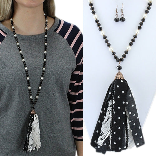 BLACK AND WHITE POLKA DOT BEADED TASSEL NECKLACES - Lil Monkey Boutique