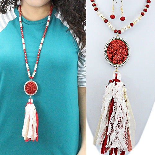 GLITTER RED PENDANT BEADED TASSEL NECKLACE - Lil Monkey Boutique