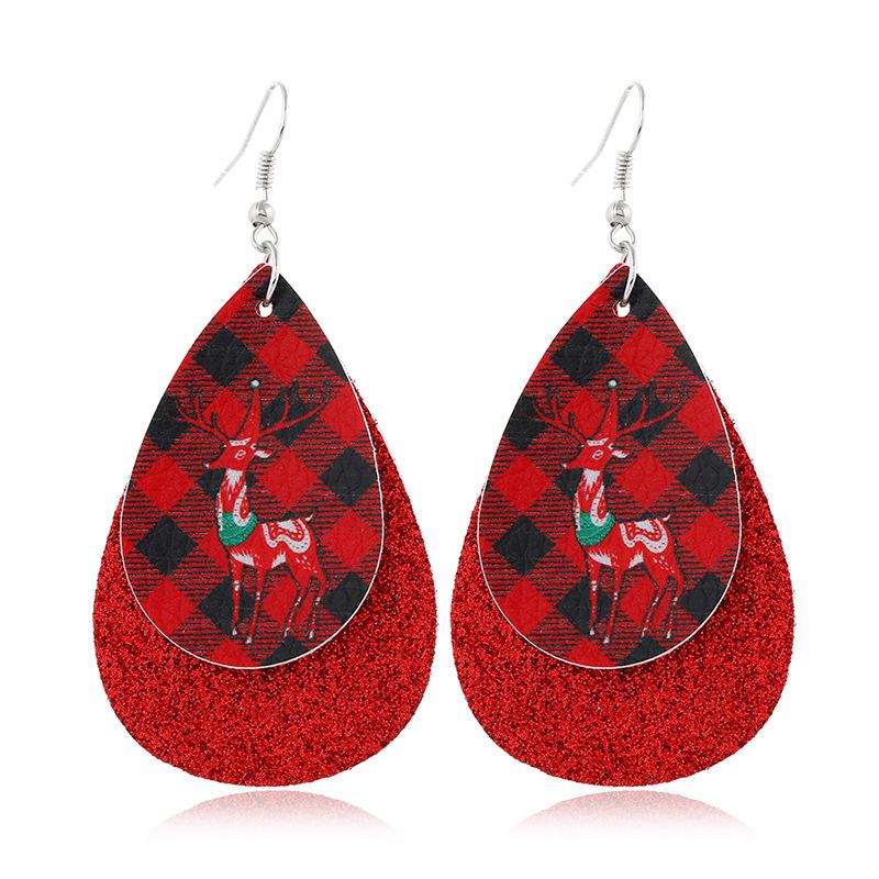 Christmas Reindeer Plaid Double Layer Leather Earrings Dangle Drop Earrings with Glitter - Lil Monkey Boutique