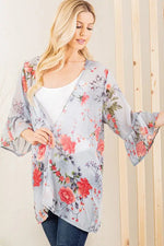 RUFFLED THREE QUARTER SLEEVE FLORAL PRINT OPEN CARDIGAN WITH SELF TIE DETAI - Lil Monkey Boutique