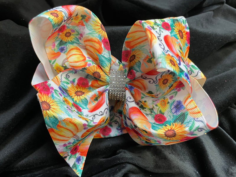 PUMPKIN & SUNFLOWER FALL PRINT DOUBLE LAYER BOW WITH RHINESTONE CENTER (roughly 8”) - Lil Monkey Boutique