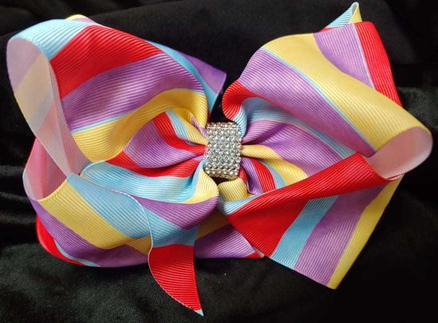 MULTI COLOR STRIPED PRINT DOUBLE LAYER BOW WITH RHINESTONE CENTER (roughly 8”) - Lil Monkey Boutique