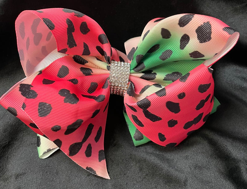 WATERMELON CHEETAH PRINT BOWS WITH RHINESTONE CENTER (roughly 8”) - Lil Monkey Boutique