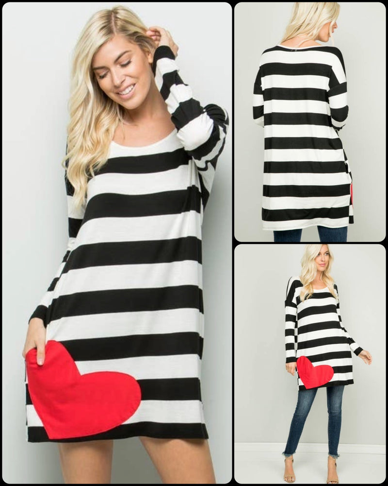 LONG SLEEVE ROUND NECK STRIPE PRINT AND HEART PATCH DRESS WITH SIDE POCKET DETAIL (Or Blouse with Leggings Wear it your way!) - Lil Monkey Boutique